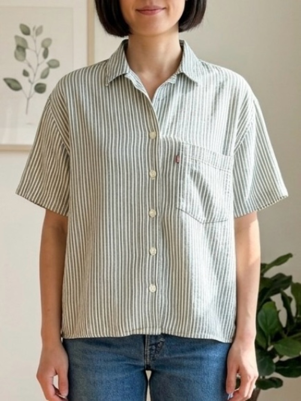 Levi's Aiden Striped Button Down Short Sleeve Shirt Green White Linen Blend M